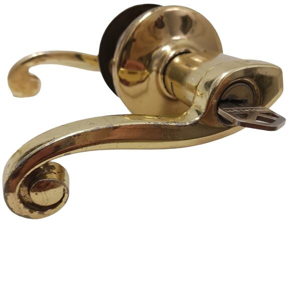 80s Brass French FRONT DOOR KNOB & DEADBOLT Fixtures w 2 Keys Gold Retro Handle - Picture 7 of 16